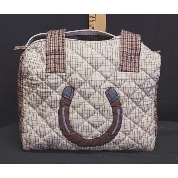 Quilted Horse-Themed Tote Bag With Plaid Straps & Embroidered Details By Irenes - Picture 3 of 4